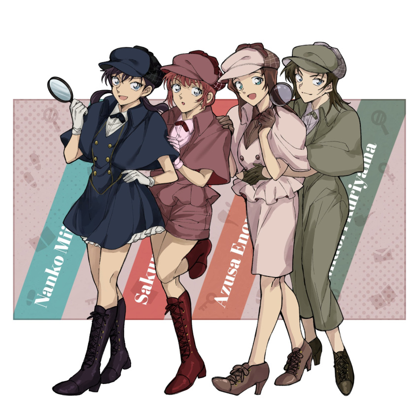4girls, :d, alternate_costume, arms_around_waist, black_hair, blue_boots, blue_dress, blue_eyes, blue_hat, boots, brown_gloves, brown_hair, character_name, closed_mouth, collared_shirt, cosplay, deerstalker, detective, dress, enomoto_azusa, full_body, gloves, green_gloves, green_hat, green_jacket, hand_on_another's_shoulder, hat, highres, holding, holding_magnifying_glass, hug, hug_from_behind, jacket, kuriyama_midori, leg_up, long_hair, low_twintails, magnifying_glass, meitantei_conan, miike_naeko, multiple_girls, open_mouth, pants, pencil_skirt, pink_gloves, pink_jacket, pink_shirt, pink_skirt, red_boots, red_hat, red_jacket, sayaendou0426, sherlock_holmes, sherlock_holmes_(cosplay), shirt, shorts, skirt, smile, standing, twintails, white_gloves, white_shirt, yonehara_sakurako