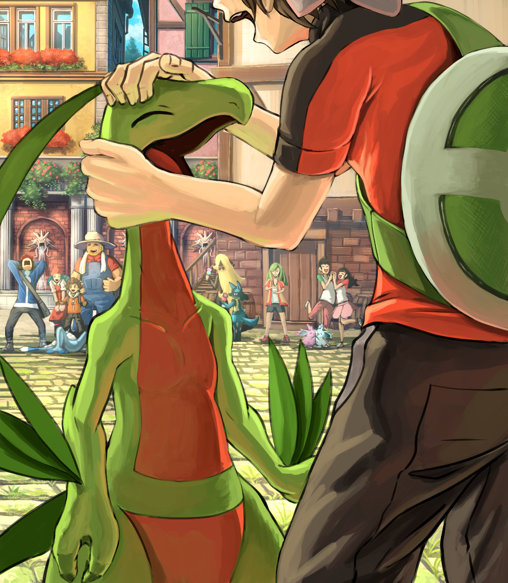 4girls, 5boys, ace_trainer_(female)_(pokemon_oras), angry, black_hair, blue_overalls, brendan_(pokemon), brown_hair