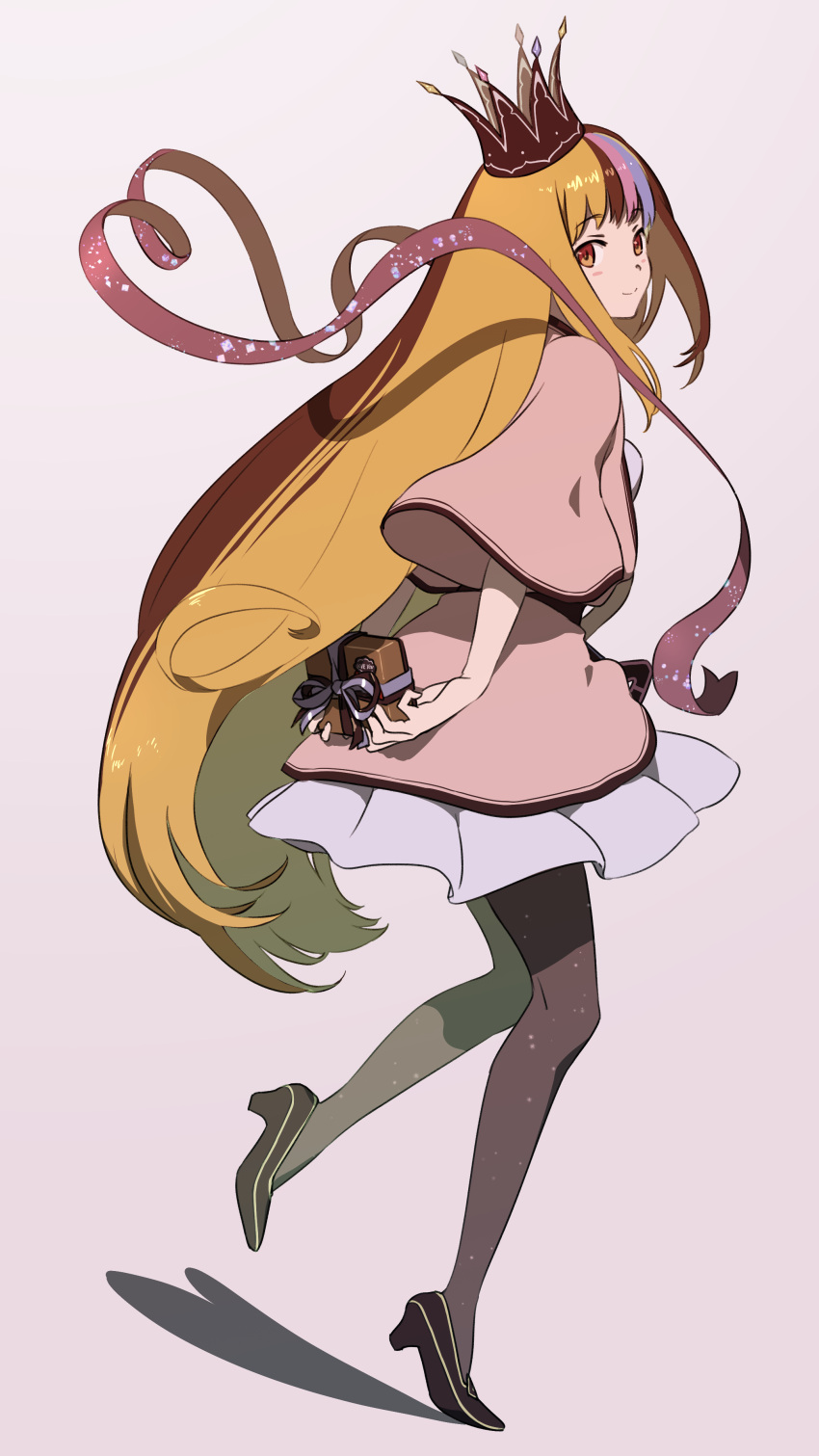1girl, absurdres, arms_behind_back, black_pantyhose, black_shoes, blonde_hair, box, brown_eyes