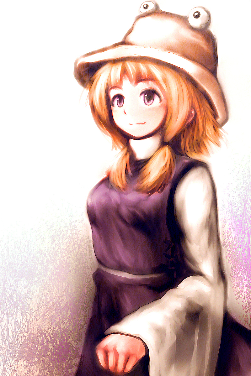 blonde_hair, hat, highres, moriya_suwako, purple_eyes, shuu_(sirokumasabu), smile, solo