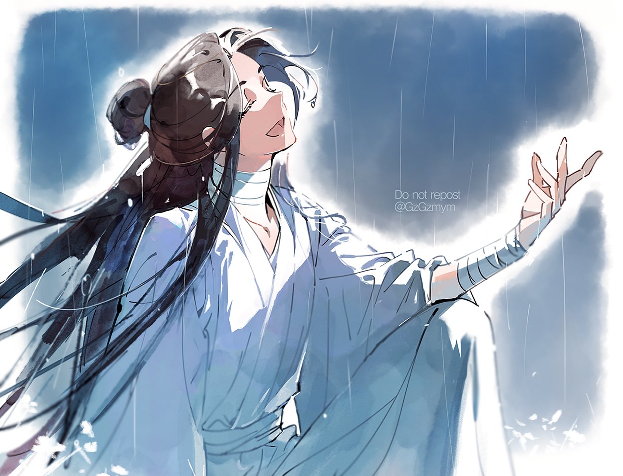 1boy, bandaged_neck, bandages, brown_hair, chinese_clothes, gzgzmym, hair_bun, hanfu, long_hair, long_sleeves, male_focus, parted_bangs, rain, robe, single_hair_bun, smile, tianguan_cifu, white_hanfu, white_robe, wide_sleeves, xie_lian