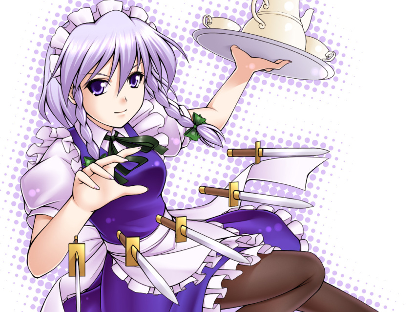 blush, braid, cup, genjuu_rou, izayoi_sakuya, maid, maid_headdress, pantyhose