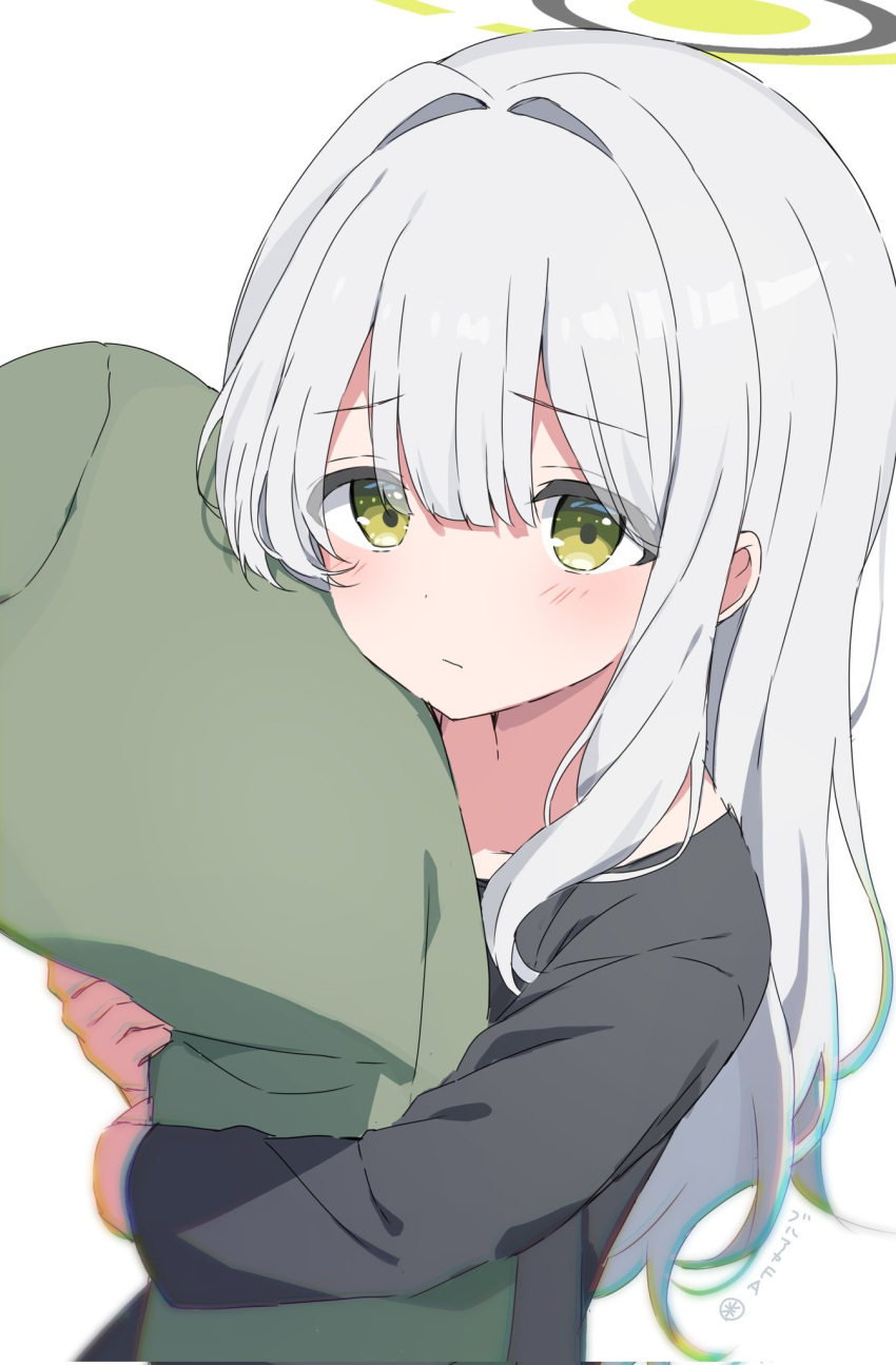 1girl, black_halo, black_shirt, blue_archive, blush, center_frills, collarbone, commentary_request