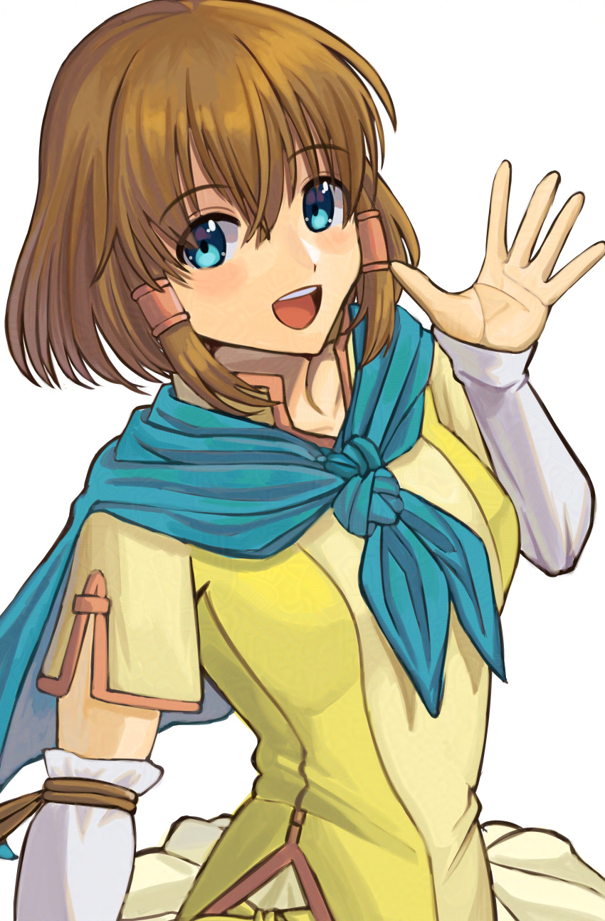 1girl, :d, absurdres, blue_capelet, blue_eyes, brown_hair, capelet, dress
