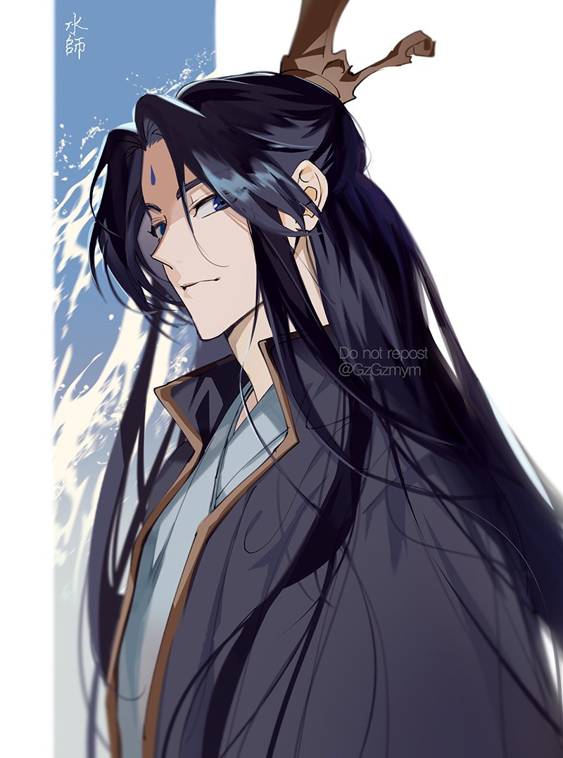 1boy, black_eyes, black_hair, black_hanfu, blue_hanfu, chinese_clothes, closed_mouth, facial_mark