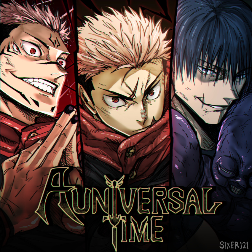 3boys, angry, artist_logo, black_hair, black_nails, blue_eyes, cursed_spirit_(jujutsu_kaisen), extra_eyes, fushiguro_touji, grin, highres, itadori_yuuji, jujutsu_kaisen, jujutsu_tech_uniform, logo, multiple_boys, non-web_source, pink_hair, real_sixer121, red_eyes, ryoumen_sukuna_(jujutsu_kaisen), scar, smile