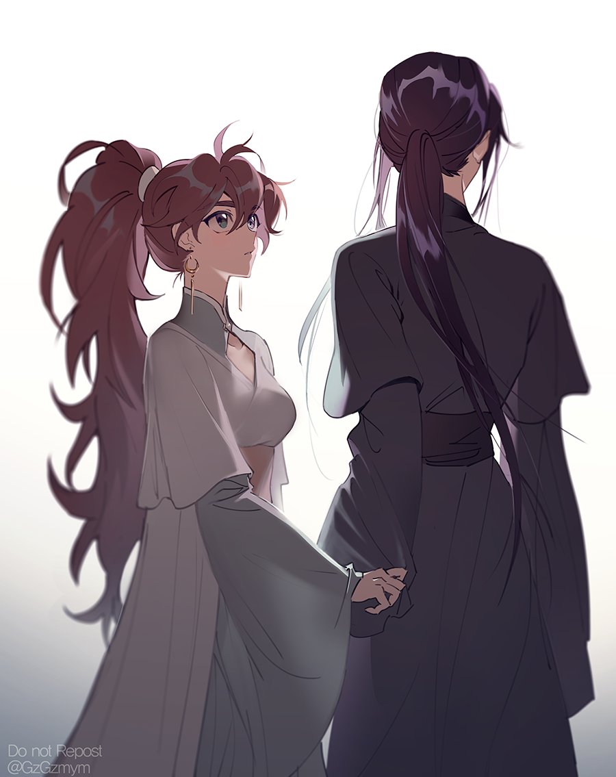 2girls, black_hair, black_hanfu, blue_eyes, brown_hair, chinese_clothes, clothes_grab, earrings