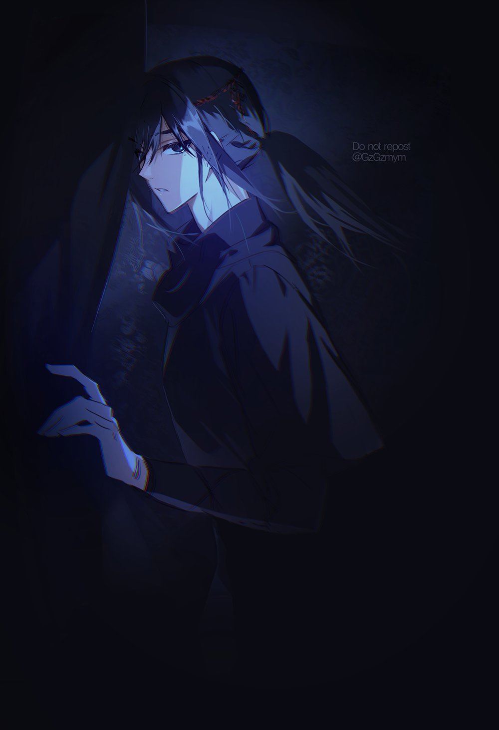 1boy, black_eyes, black_hair, black_hanfu, chinese_clothes, curtains, gzgzmym, hair_between_eyes