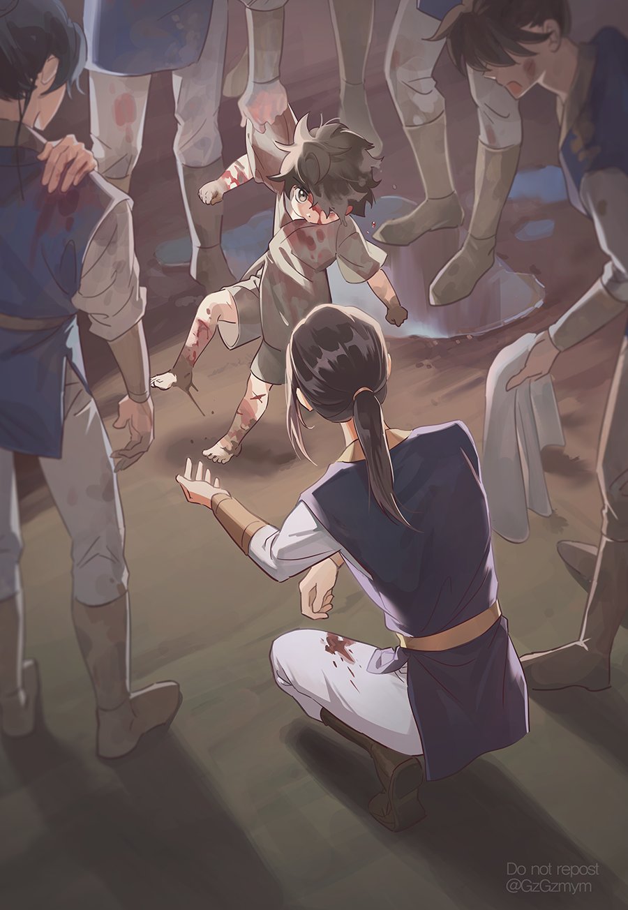 black_hair, black_hanfu, blood, brown_hair, child, chinese_clothes, clothes_grab, dirt
