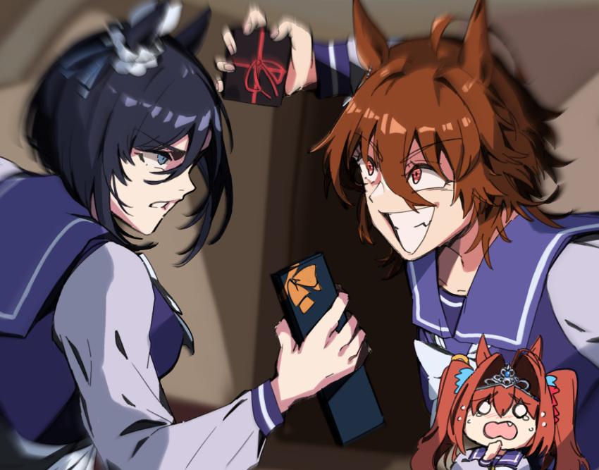 3girls, agnes_tachyon_(umamusume), ahoge, animal_ears, black_hair, blue_eyes, blush, bob_cut