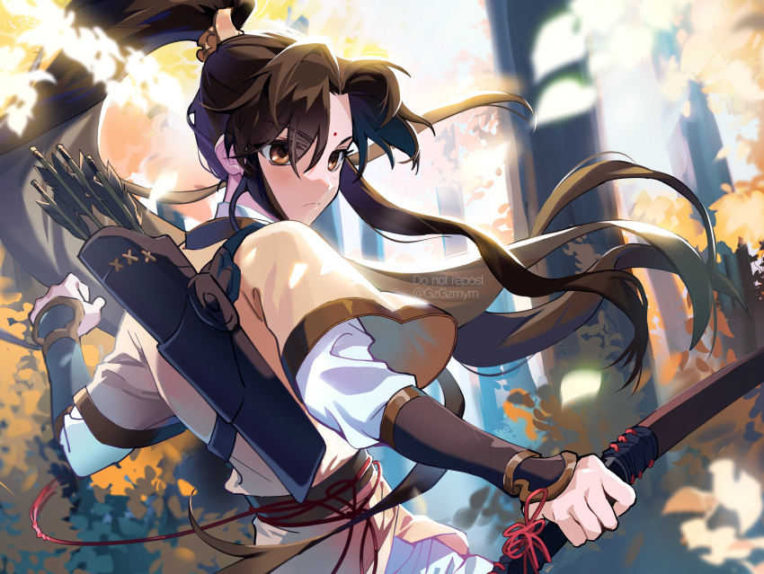 1boy, absurdres, arrow_(projectile), bindi, bow_(weapon), brown_hair, chinese_clothes, facial_mark