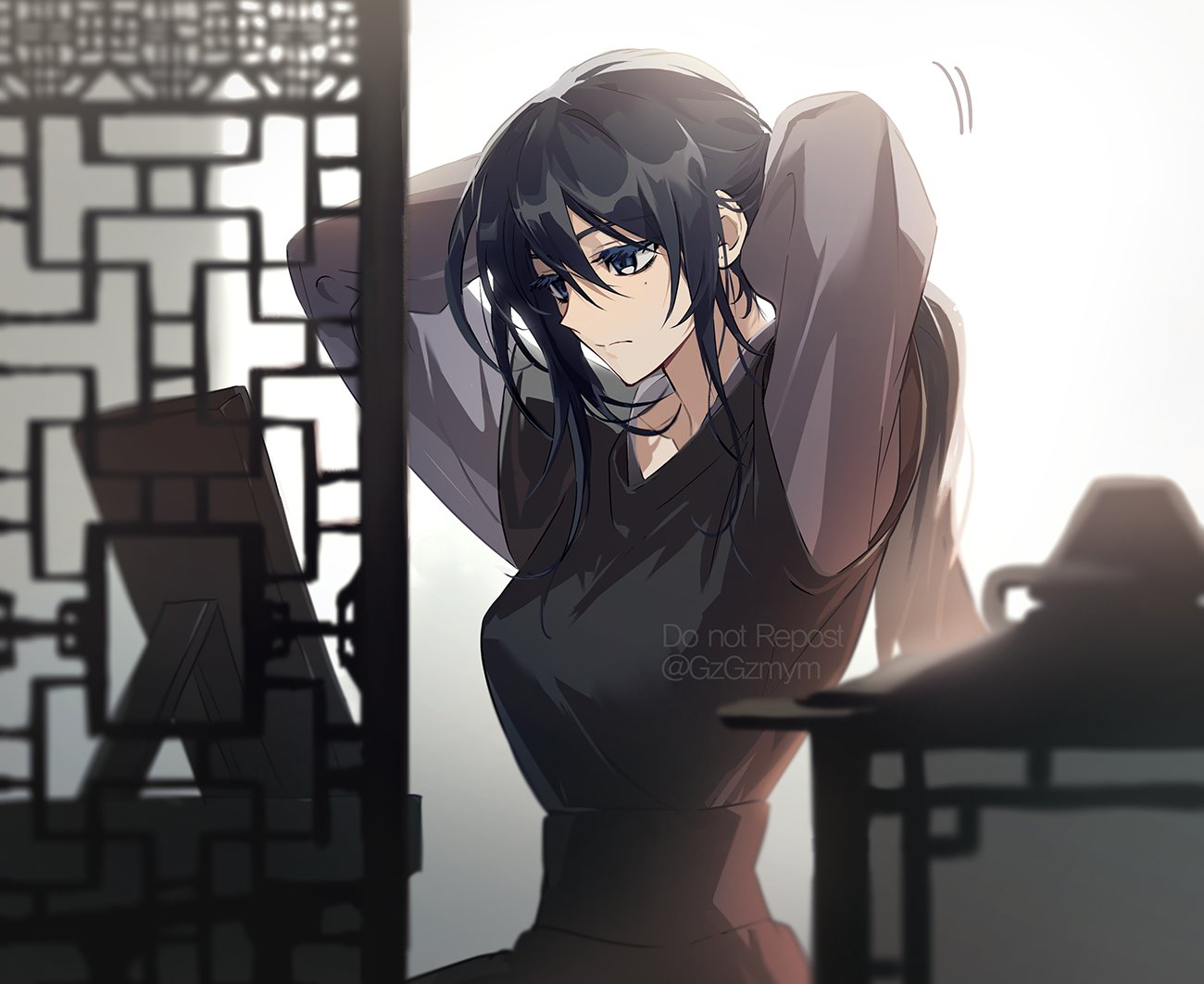 1girl, black_eyes, black_hair, black_hanfu, chinese_clothes, genderswap, genderswap_(mtf), gzgzmym