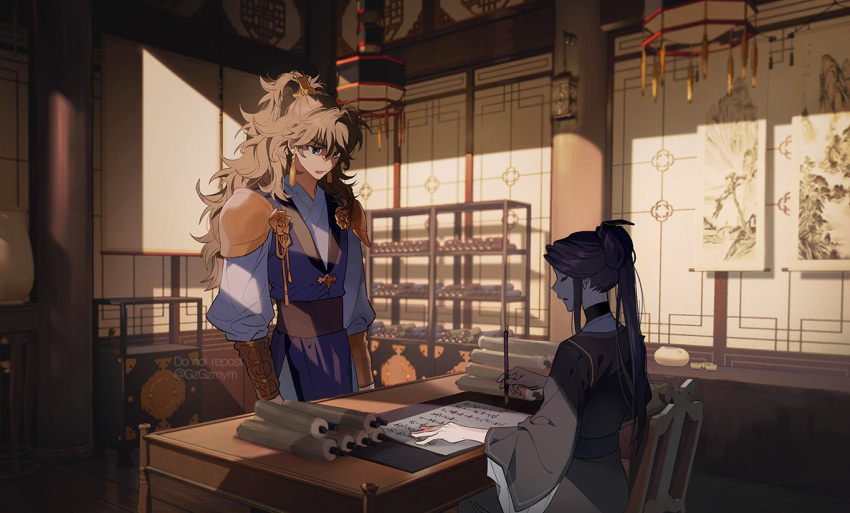 1boy, 1girl, armor, black_hair, black_hanfu, blue_hanfu, brown_eyes, brown_hair