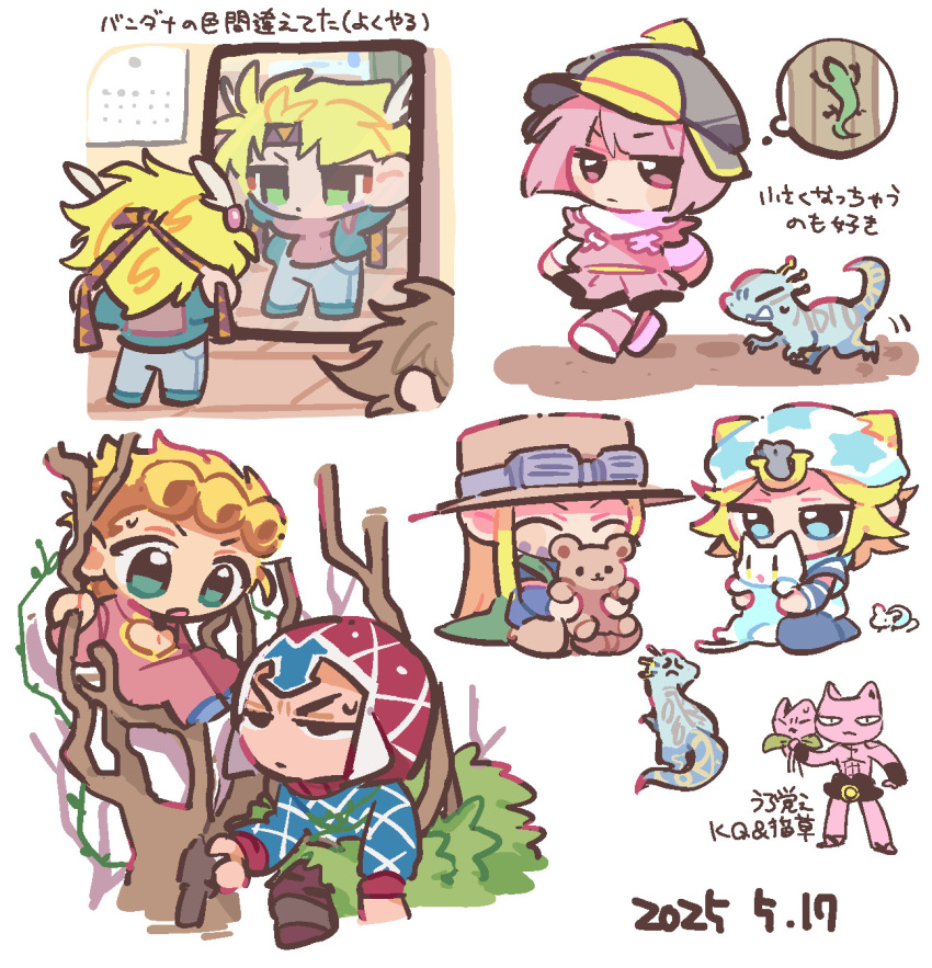 1girl, 2others, 6+boys, animal, argyle_clothes, argyle_hat, argyle_sweater, beanie, black_helmet, blonde_hair, blue_eyes, blue_pants, blue_sweater, brown_hair, brown_hat, caesar_anthonio_zeppeli, cape, chibi, commentary_request, dated, diamond_wa_kudakenai, diego_brando, dinosaur, feather_hair_ornament, feathers, flower, giorno_giovanna, goggles, goggles_on_headwear, green_cape, green_eyes, guido_mista, gyro_zeppeli, hair_ornament, hat, helmet, highres, holding, holding_animal, holding_stuffed_toy, hot_pants_(sbr), johnny_joestar, jojo_no_kimyou_na_bouken, joseph_joestar, joseph_joestar_(young), killer_queen, long_hair, mirror, multiple_boys, multiple_others, pants, pink_eyes, pink_hair, red_hat, reflection, rizometa28, scary_monsters_(stand), short_hair, sitting, skirt, speech_bubble, stand_(jojo), star_(symbol), star_print, steel_ball_run, stray_cat_(jojo), stuffed_animal, stuffed_toy, sweater, teddy_bear, thought_bubble, tree, triangle_print, vento_aureo, white_hat