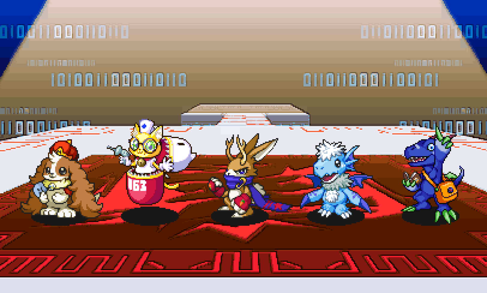 aequcedramon, bird, book, cat, claws, commentary, crow, dog, dragon, energy_gun, floating, ganvivormon, glasses, highres, horns, madomon, nurse, pixel_art, plasmi, pyontomon, ray_gun, rurimon_(digimon), scarf, skull, symbol-only_commentary, tail, weapon