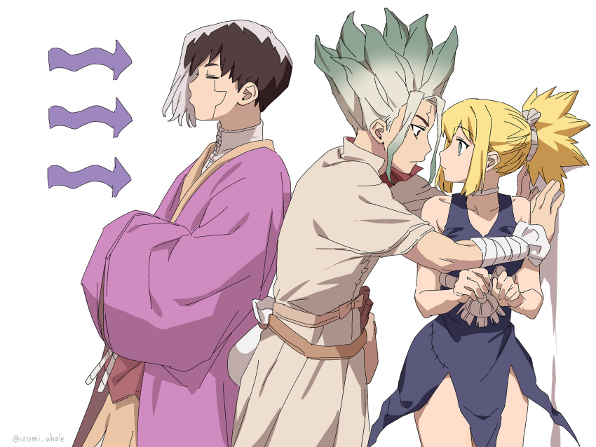 1girl, 2boys, absurdres, arrow_(symbol), asagiri_gen, asymmetrical_bangs, bandaged_arm, bandages