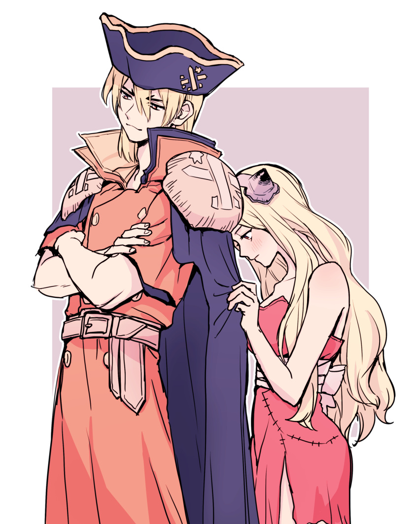 1boy, 1girl, :3, absurdres, blonde_hair, blue_cape, blue_hat, cape