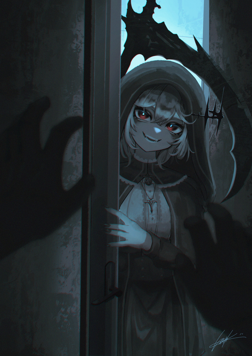 1girl, absurdres, cape, crown, door, fangs, frills, half_crown