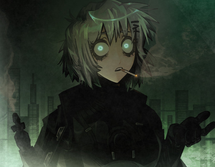 1girl, bags_under_eyes, black_bodysuit, black_coat, blue_eyes, bodysuit, bodysuit_under_clothes, cigarette, cityscape, coat, cyberpunk, gun, hair_ornament, hairclip, highres, holding, holding_gun, holding_weapon, lens_eye, looking_at_viewer, looperioo, marie_(peripeteia), open_clothes, open_coat, peripeteia, short_hair, smoke, smoke_trail, smoking, solo, trench_coat, weapon, white_hair