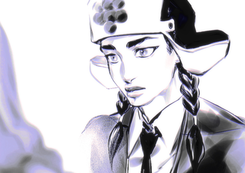 1boy, absurdres, braid, collared_shirt, commentary_request, formal_clothes, greyscale, highres