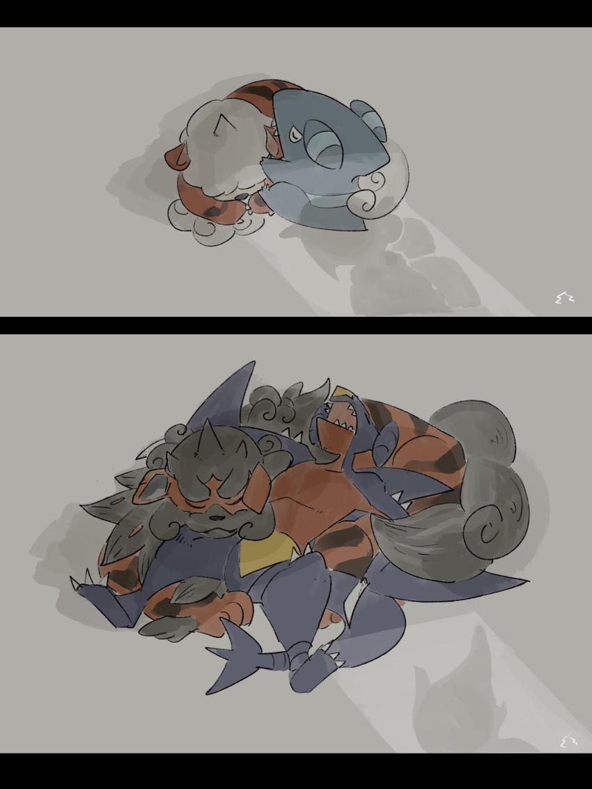 2others, closed_eyes, closed_mouth, garchomp, gible, highres, hisuian_arcanine, hisuian_growlithe