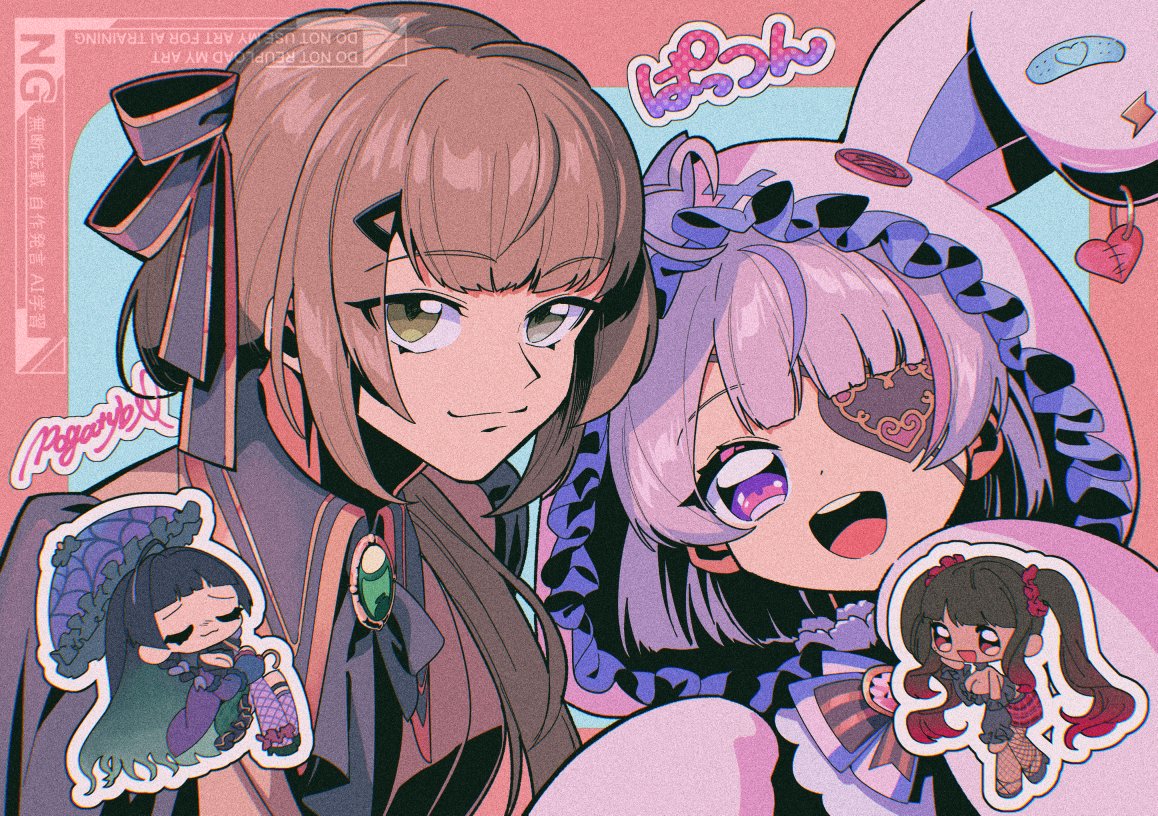 1boy, 2000s_(style), 3girls, :d, ahoge, alban_knox, alban_knox_(4th_costume), alternate_costume, animal_costume, animal_hood, anime_coloring, bandaid, black_bow, black_bowtie, black_ribbon, black_shirt, blunt_bangs, bob_cut, bow, bowtie, brown_hair, brown_vest, buttons, chibi, chibi_inset, closed_mouth, collared_shirt, cosplay, eyepatch, film_grain, frilled_hood, frills, gem, green_eyes, green_gemstone, grey_eyes, hair_ornament, hair_ribbon, hairclip, head_tilt, heart, heart_ahoge, heart_eyepatch, heterochromia, hood, hood_up, kigurumi, long_sleeves, looking_at_viewer, low_ponytail, maria_marionette, maria_marionette_(4th_costume), meloco_kyoran, meloco_kyoran_(1st_costume), multiple_girls, nijisanji, nijisanji_en, onesie, open_mouth, otoko_no_ko, outline, pink_hair, pink_streaks, pogatyb, ponytail, purple_streaks, rabbit_costume, rabbit_hood, ribbon, sanpaku, scarle_yonaguni, scarle_yonaguni_(4th_costume), shirt, short_hair, sidelocks, signature, smile, straight_hair, tareme, teeth, tsurime, twitter_username, two-tone_background, upper_body, upper_teeth_only, vest, violet_eyes, virtual_youtuber, watermark, white_outline, wing_collar