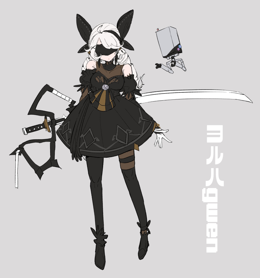 1girl, 2b_(nier:automata), 2b_(nier:automata)_(cosplay), absurdres, ahoge, bare_shoulders, black_blindfold, black_bow, black_dress, black_pantyhose, blindfold, bow, breasts, closed_mouth, cosplay, dress, full_body, gwen_(league_of_legends), hair_bow, hair_ornament, highres, juliet_sleeves, katana, large_breasts, league_of_legends, long_hair, long_sleeves, monakan_japan, pantyhose, puffy_sleeves, simple_background, sword, translation_request, twin_drills, twintails, weapon, white_hair, x_hair_ornament