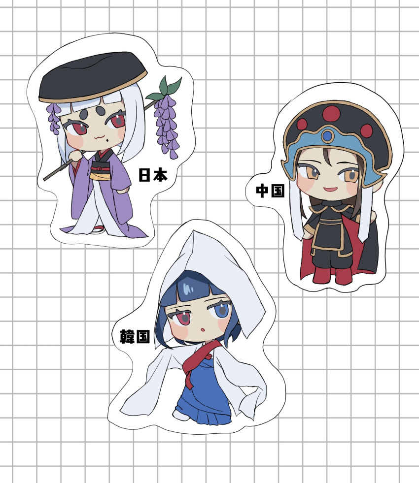 3girls, chibi, china_(kuroussa), chinese_clothes, hanbok, hanfu, hat, highres