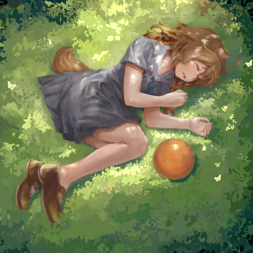 1girl, absurdres, alternate_costume, animal_ears, ball, boots, brown_boots, brown_hair
