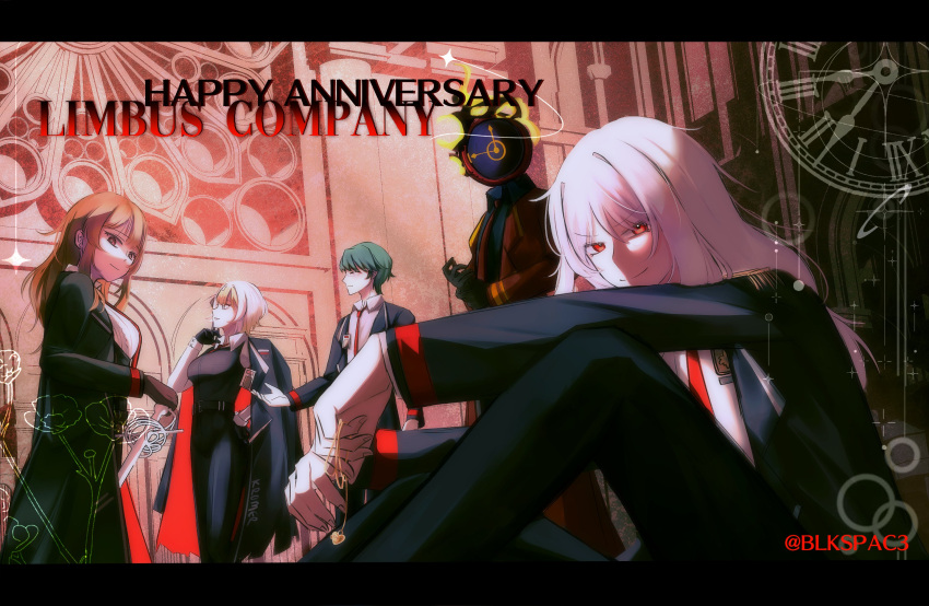 1other, 2boys, 2girls, anniversary, artist_name, black_coat, black_pants, blkspac3