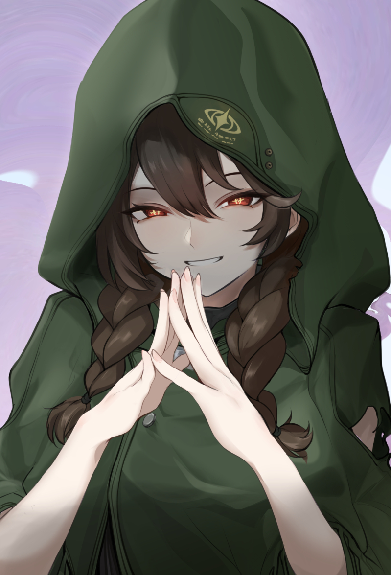 1girl, black_hair, blue_sky, braid, cloak, clouds, cradle_(pgr), eye_symbol, hood, hooded_cloak, long_hair, looking_at_viewer, parted_lips, punishing:_gray_raven, red_eyes, road757, sky, smile, solo, steepled_fingers, symbol-shaped_pupils, twin_braids