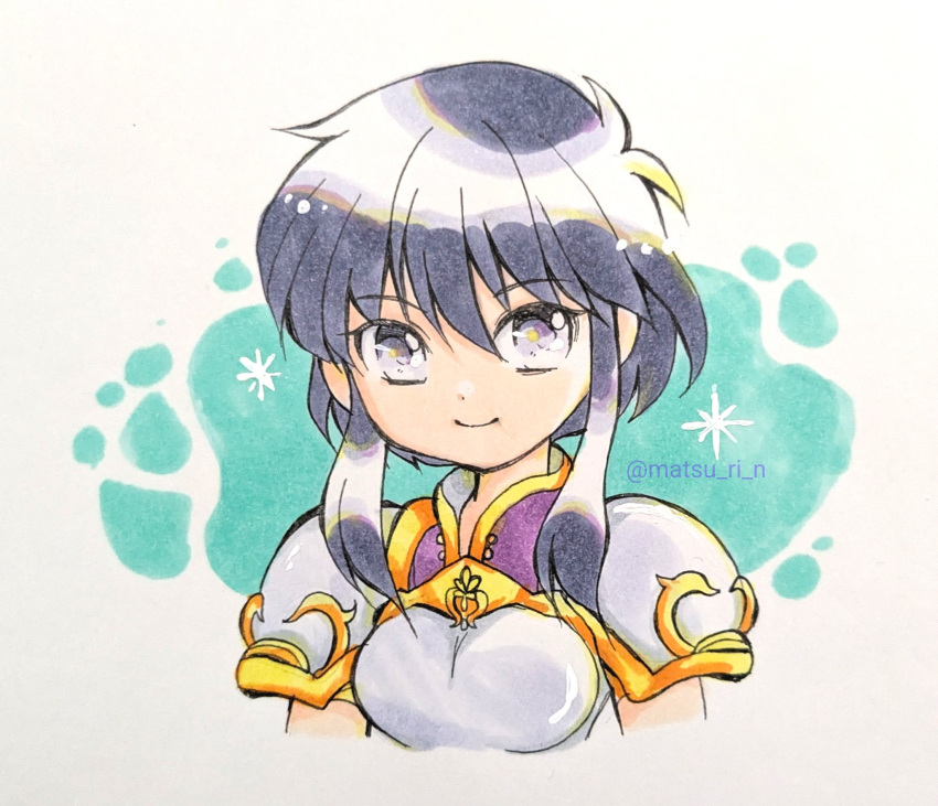 1girl, aqua_background, armor, black_hair, breastplate, chika_1, closed_mouth, cropped_torso