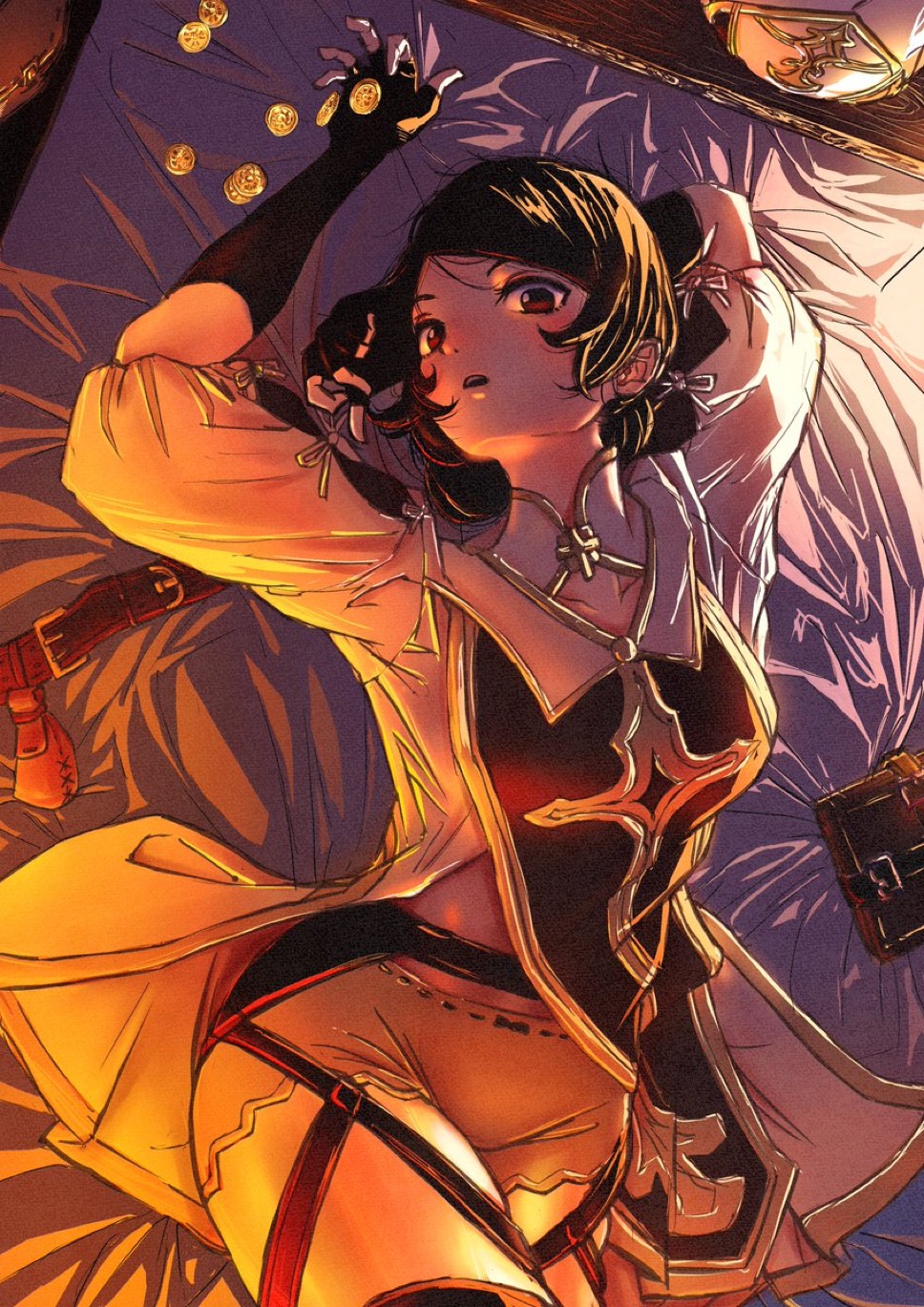 1girl, ala-sys121, black_eyes, black_gloves, black_tabard, coin, cowboy_shot, dress