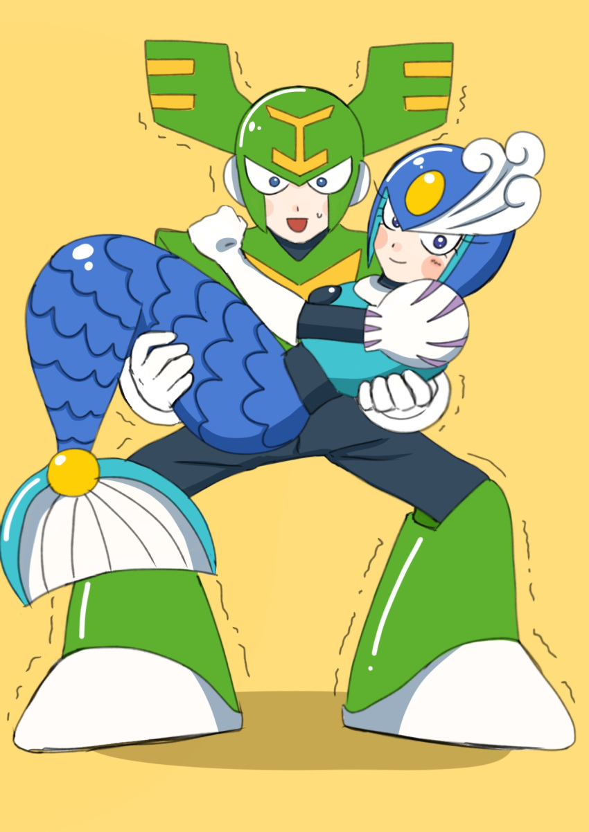 1boy, 1girl, armor, blue_armor, blue_eyes, blue_helmet, carrying, full_body