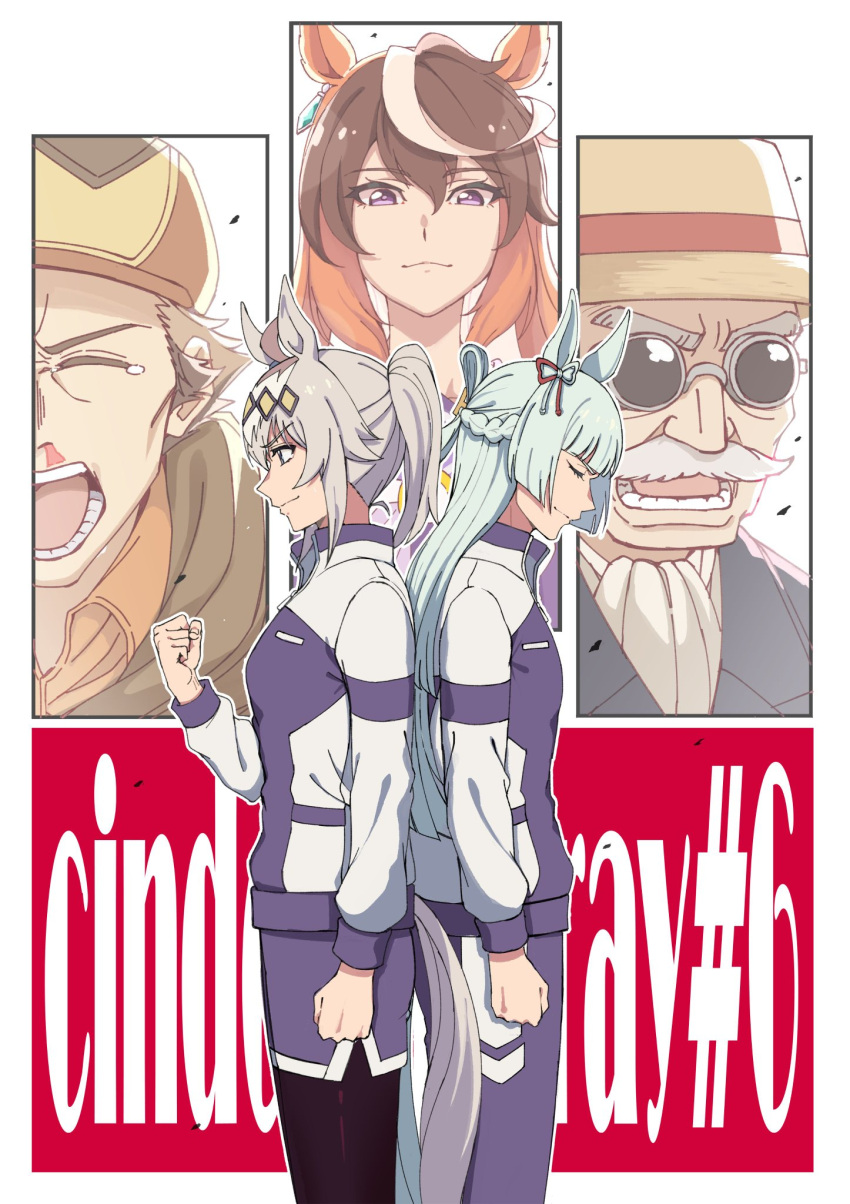 2boys, 3girls, animal_ears, back-to-back, braid, brown_hair, clenched_hand, closed_eyes