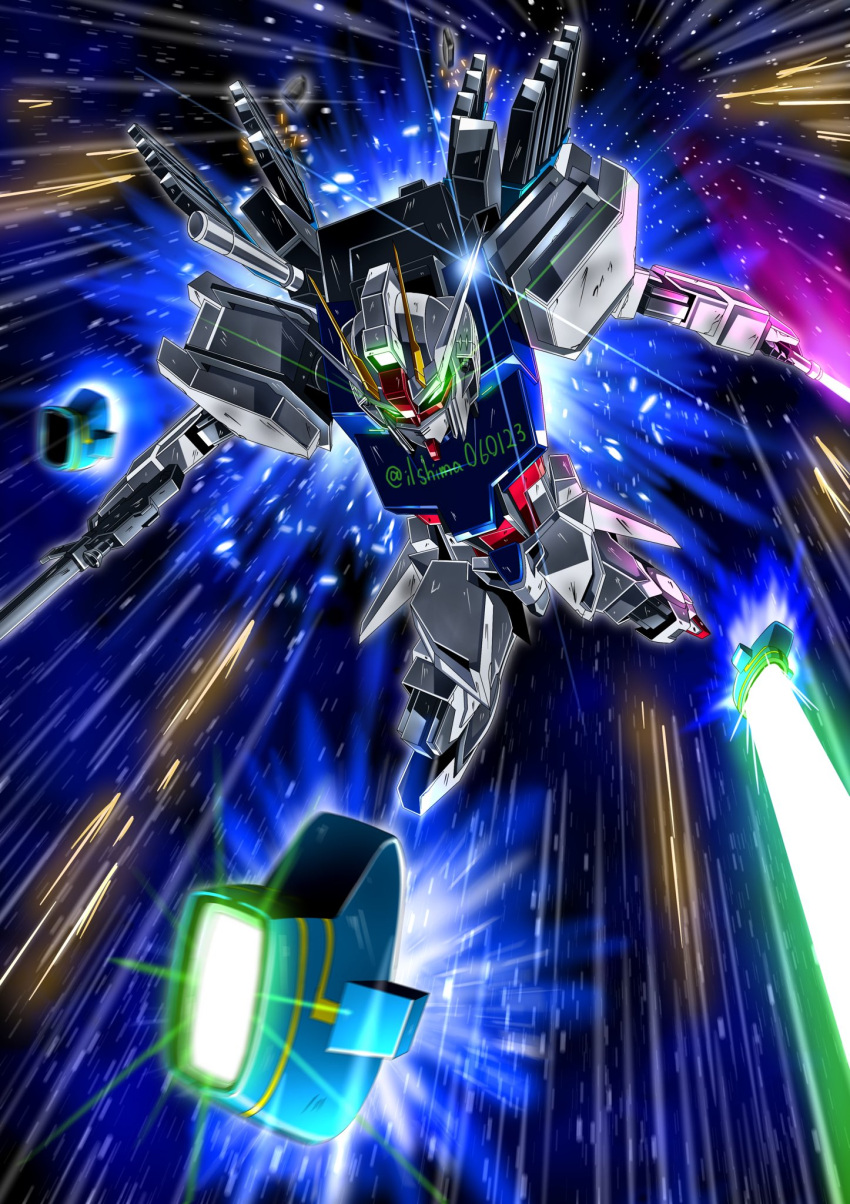 artificial_eye, artist_name, bad_link, beam_rifle, charging_forward, dragoon_strike_gundam, energy_beam, energy_gun