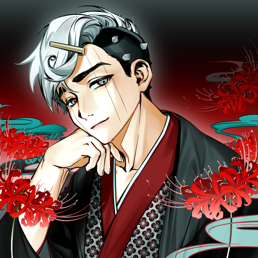 1boy, absurdres, alternate_costume, black_hair, black_haori, black_kimono, closed_mouth, commentary