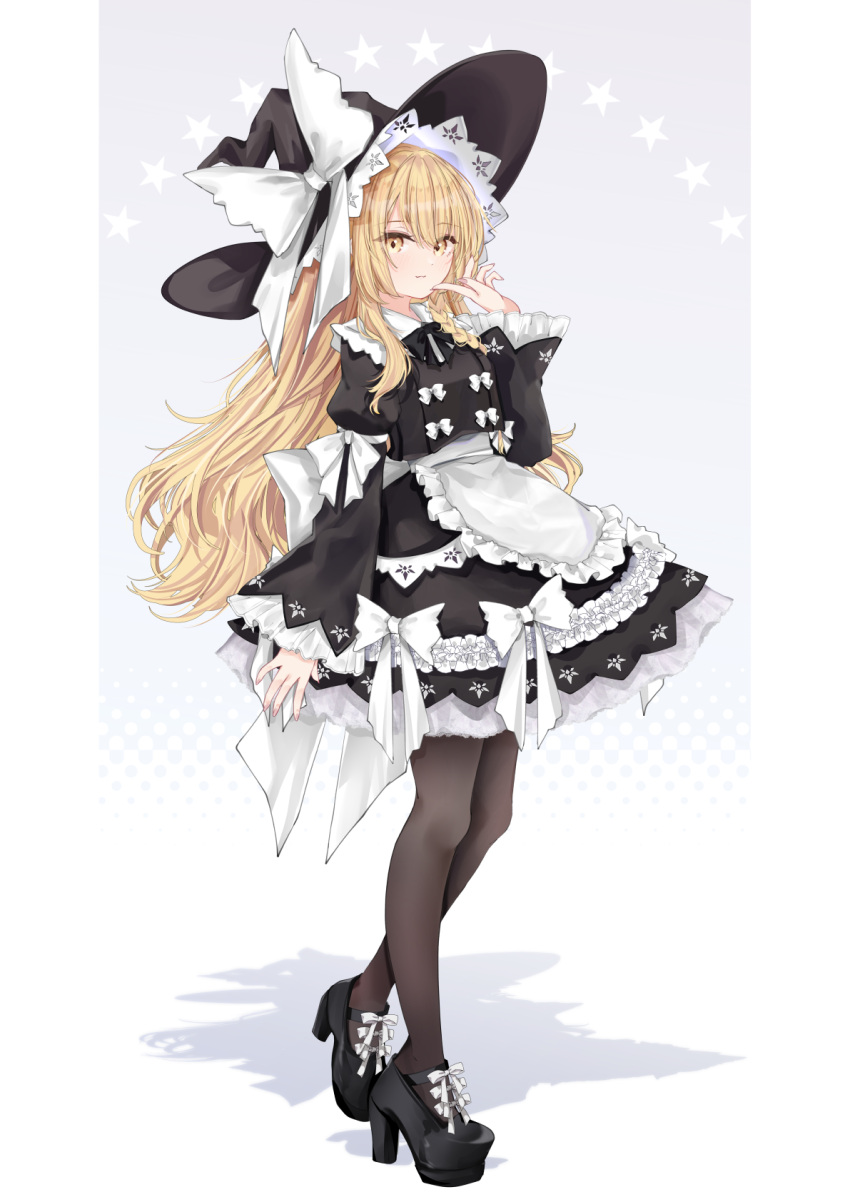 1girl, apron, black_dress, black_hat, black_pantyhose, black_shoes, blonde_hair, blush