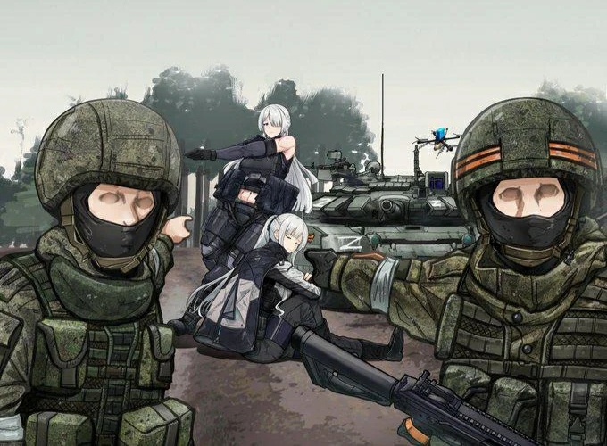 ak-12_(girls_frontline), ak-15_(girls_frontline), balaclava, girls_frontline, long_hair, military, multiple_boys, multiple_girls, pointing, pointing_at_another, russian_ground_forces, tank, wagner_group, z_(russian_symbol)