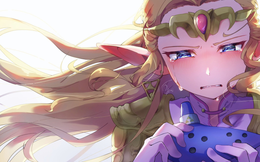 1girl, armor, blonde_hair, blue_eyes, circlet, clenched_hand, commentary_request, crying
