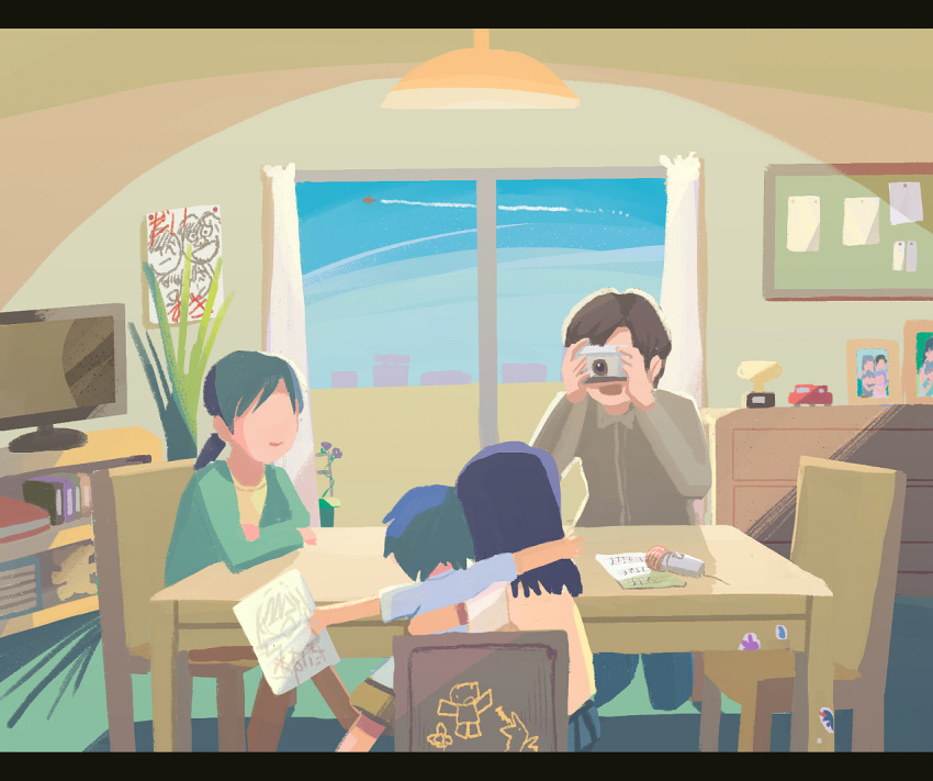 2boys, 2girls, aged_down, blue_hair, brown_hair, camera, chair, child
