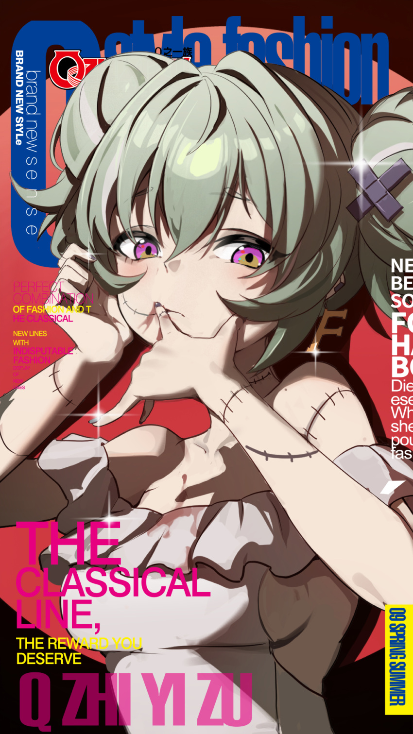 1girl, bare_shoulders, blood, blood_on_clothes, blush, breasts, closed_mouth, corin_wickes