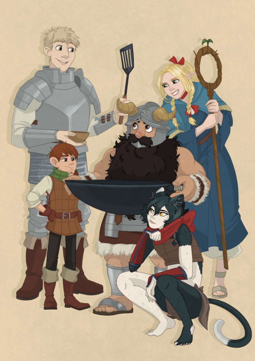 2girls, 3boys, ambrosia_(dungeon_meshi), animal_ears, animeagan, armor, beard, belt, belt_pouch, black_hair, blonde_hair, boots, brown_boots, brown_eyes, brown_hair, cat_ears, cat_tail, chilchuck_tims, choker, dungeon_meshi, dwarf, elf, english_commentary, facial_hair, fake_horns, fingerless_gloves, gloves, greaves, green_eyes, hair_between_eyes, hand_on_own_hip, helmet, highres, holding, holding_pan, holding_staff, horned_helmet, horns, izutsumi, laios_touden, marcille_donato, multiple_boys, multiple_girls, mustache, padded_armor, pointy_ears, pouch, red_choker, red_scarf, robe, sandals, scarf, senshi_(dungeon_meshi), short_hair, smile, spatula, squatting, staff, tail, yellow_eyes