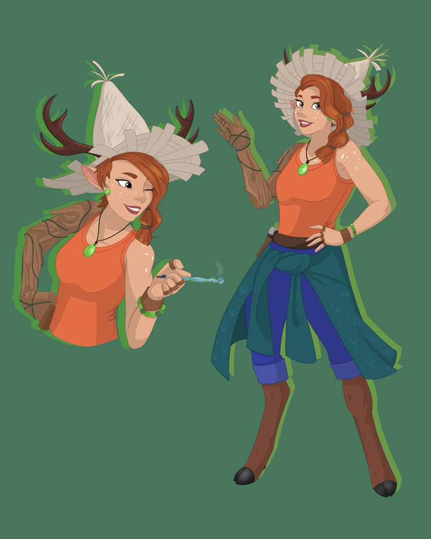 1girl, animeagan, antlers, belt_pouch, blue_pants, bracelet, breasts, brown_eyes, brown_hair, earrings, freckles, green_background, hand_on_own_hip, hat, highres, holding, holding_smoking_pipe, hooves, horns, jewelry, lipstick, makeup, medium_hair, multiple_rings, multiple_views, necklace, one_eye_closed, orange_shirt, pants, pointy_ears, potionomics, pouch, ring, saffron_(potionomics), shirt, small_breasts, smile, smoking_pipe, solo, standing, wooden_arm