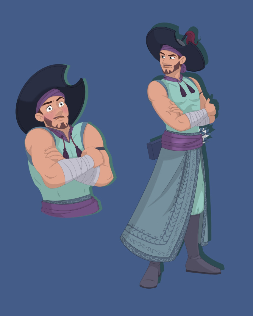 1boy, animeagan, aqua_shirt, arm_wrap, armband, bandana, beard, black_boots, black_hat, boots, corsac_(potionomics), crossed_arms, facial_hair, hat, highres, male_focus, multiple_views, mustache, pencil_mustache, potionomics, quiver, shirt, short_hair, sleeveless, standing, toned, toned_male, very_short_hair