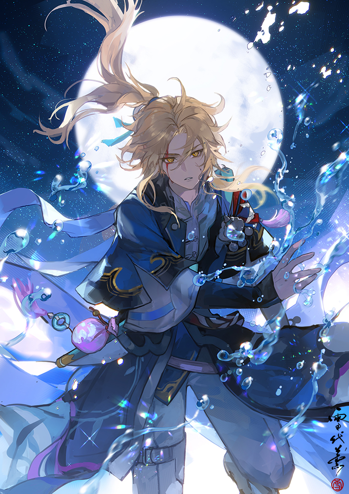 1boy, belt, black_arm_warmers, blonde_hair, blood, blood_on_face, blue_robe, chinese_clothes, floating_hair, foot_out_of_frame, full_moon, hand_up, honkai:_star_rail, honkai_(series), hydrokinesis, layered_sleeves, long_hair, long_sleeves, male_focus, moon, night, pants, parted_bangs, parted_lips, ponytail, pouch, robe, seal_impression, sheath, shirt, sidelocks, sky, standing, standing_on_one_leg, star_(sky), starry_sky, tassel, thigh_belt, thigh_strap, three-quarter_sleeves, water, white_pants, white_shirt, xuedaixun, yanqing_(honkai:_star_rail), yellow_eyes