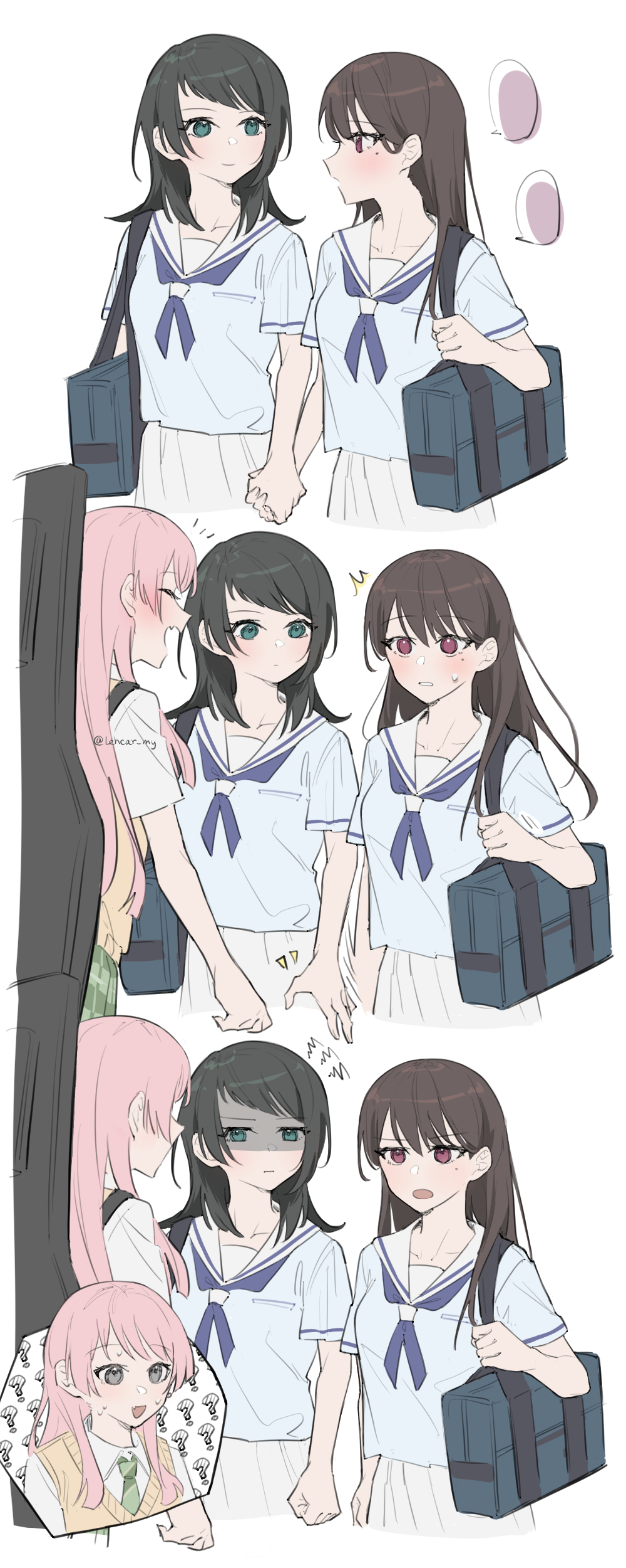 3girls, absurdres, angry, bag, bang_dream!, bang_dream!_it's_mygo!!!!!, black_hair, blue_bag