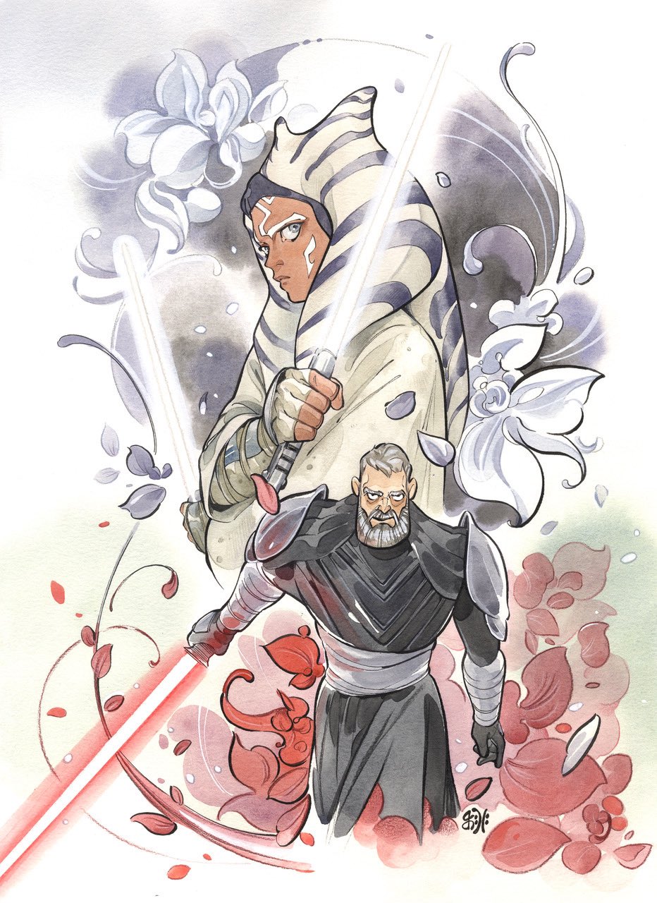 1boy, 1girl, ahsoka_tano, alien, armor, baylan_skoll, beard, black_gloves, black_tunic, blue_eyes, colored_skin, dual_wielding, energy_sword, facial_hair, fingerless_gloves, flower, gloves, highres, holding, lightsaber, orange_skin, pauldrons, peach_momoko, red_flower, red_lightsaber, short_hair, shoulder_armor, star_wars, star_wars:_ahsoka, sword, togruta, tunic, weapon, white_flower, white_gloves, white_hair, white_lightsaber