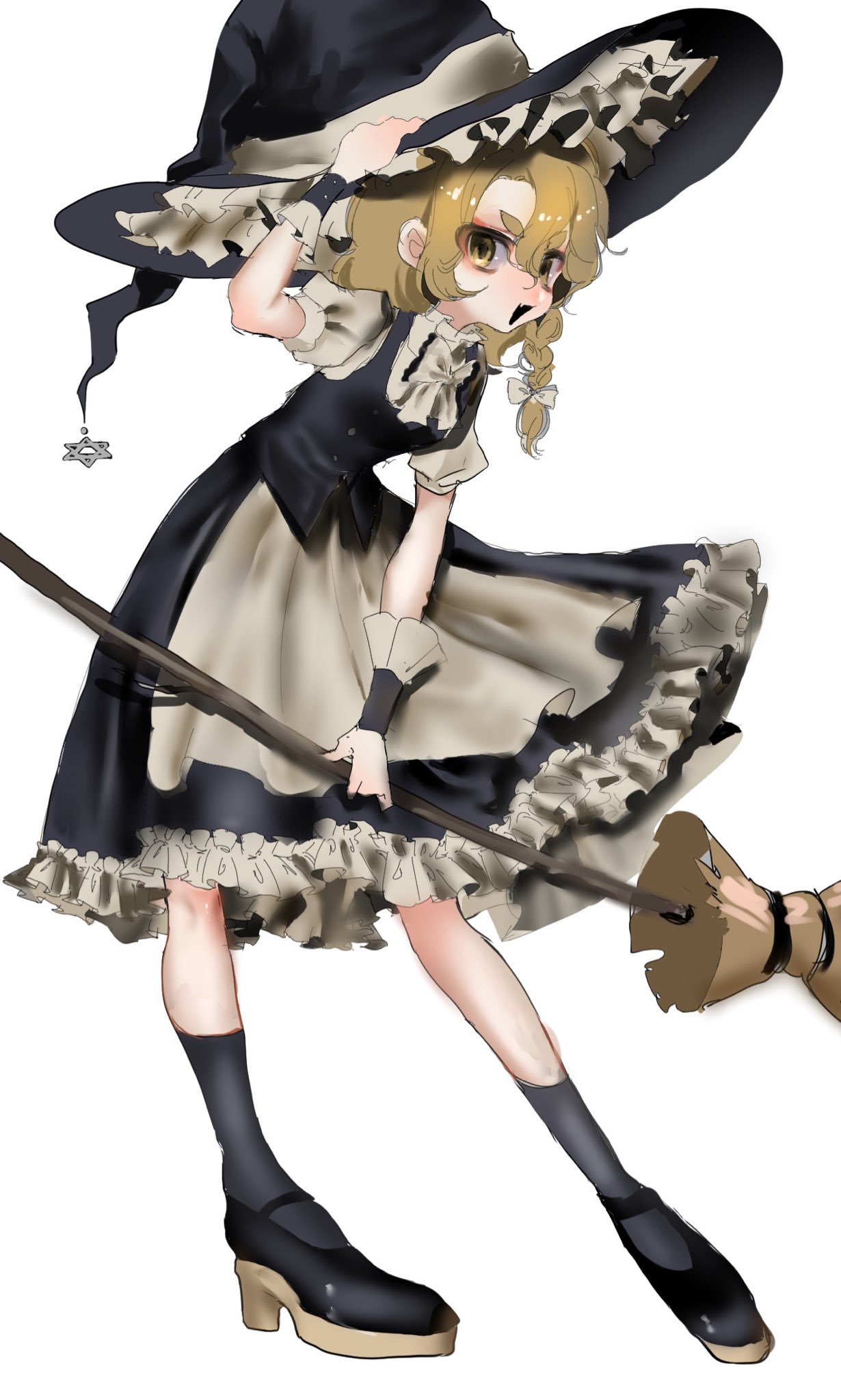1girl, apron, black_dress, black_hat, black_shoes, black_socks, blonde_hair, bow, bowtie, braid, broom, buttons, dress, fang, full_body, hair_between_eyes, hair_bow, hand_on_headwear, hand_up, haniwa_kue, hat, hat_ornament, highres, holding, holding_broom, kirisame_marisa, looking_at_viewer, open_mouth, puffy_short_sleeves, puffy_sleeves, shirt, shoes, short_hair, short_sleeves, single_braid, skin_fang, smile, socks, solo, standing, star_(symbol), star_hat_ornament, touhou, turtleneck, turtleneck_shirt, v-shaped_eyebrows, white_apron, white_bow, white_bowtie, white_shirt, witch_hat, wrist_cuffs, yellow_eyes