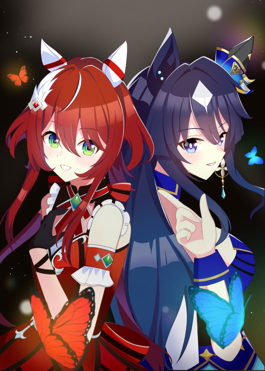 2girls, animal_ears, blue_hair, blush, breasts, bug, butterfly, earrings